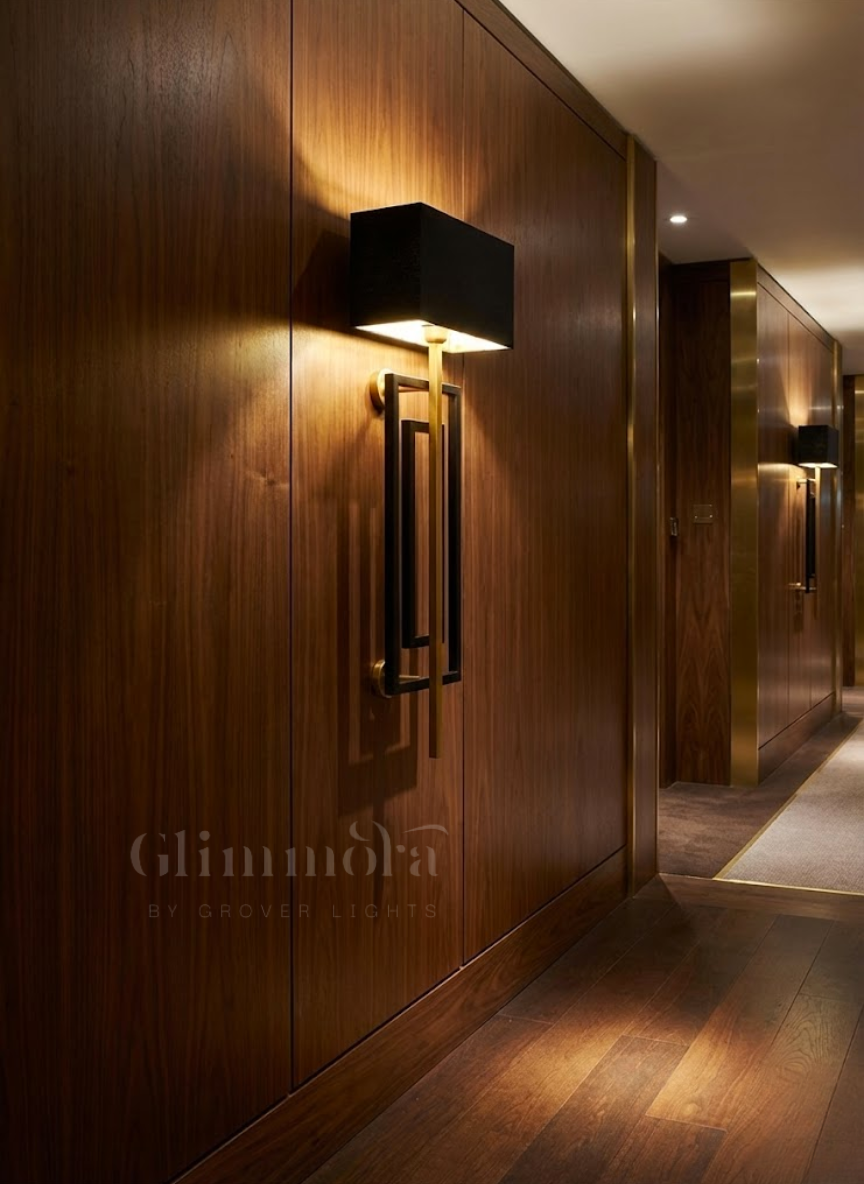 Contemporary Wall Light with Black Shade & Gold Linear Body