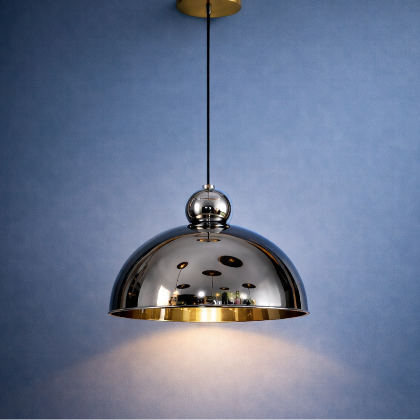 Luxury Chrome Dome Pendant Light with Gold Accent