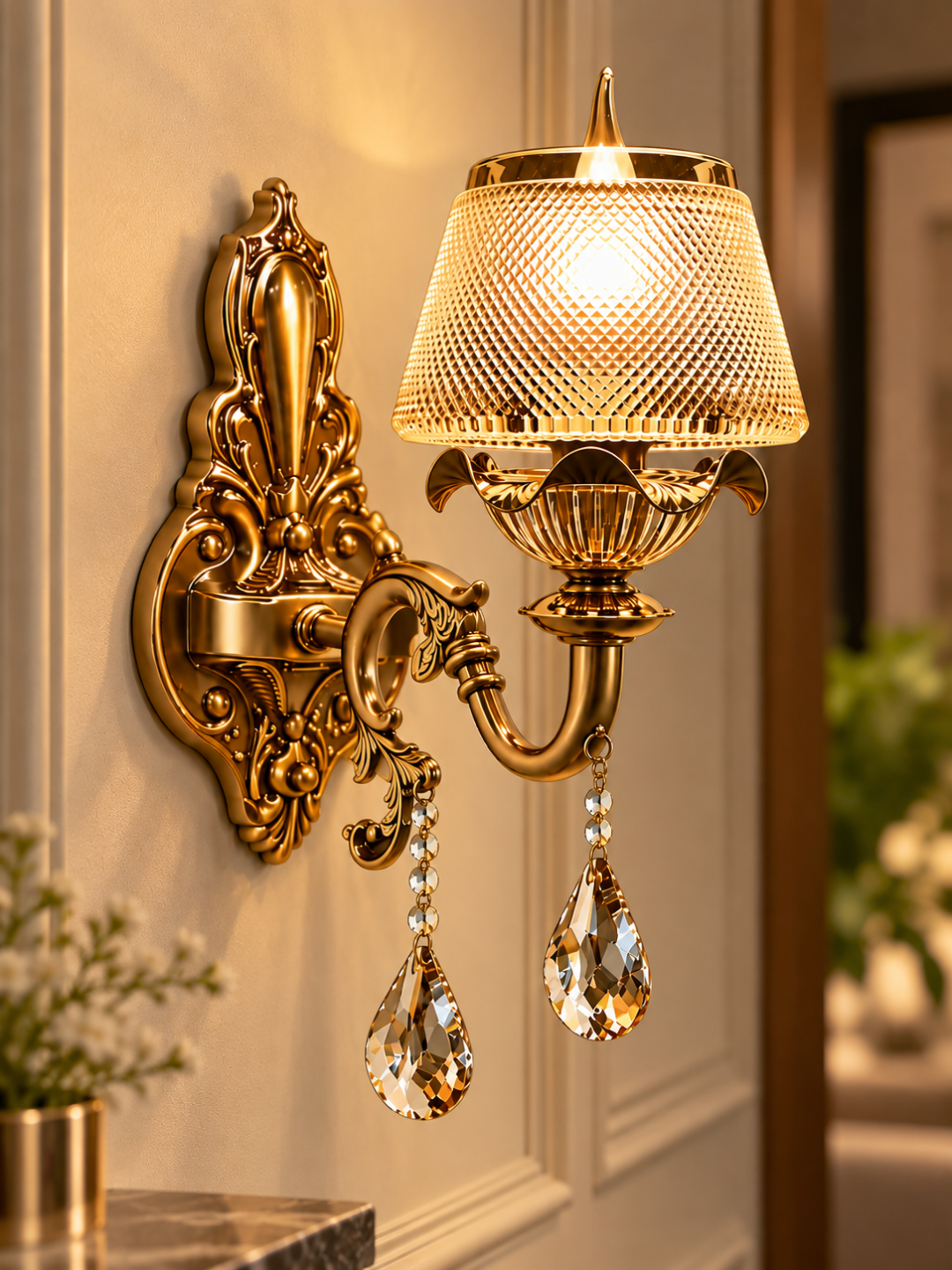 Antique Gold Crystal Wall Sconce with Diamond-Cut Glass Shade & Teardrop Crystals