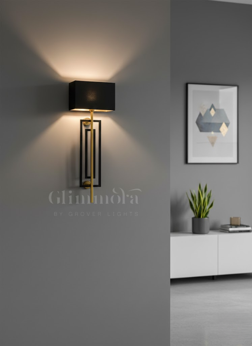 Contemporary Wall Light with Black Shade & Gold Linear Body