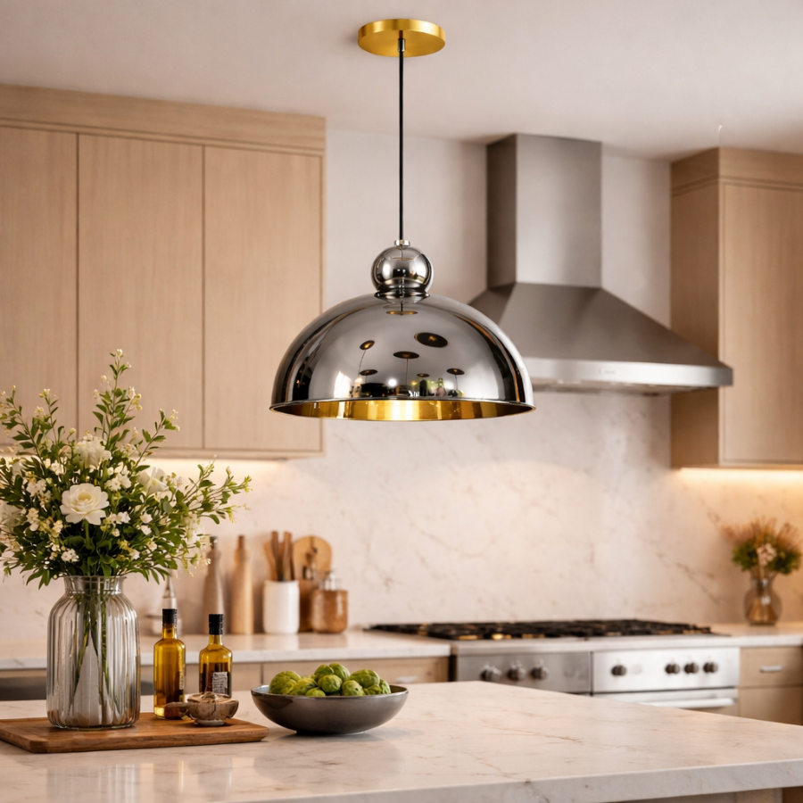 Luxury Chrome Dome Pendant Light with Gold Accent