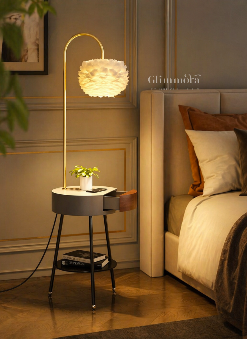 Aura Side Table Floor Lamp Modern Arc Lamp with Storage