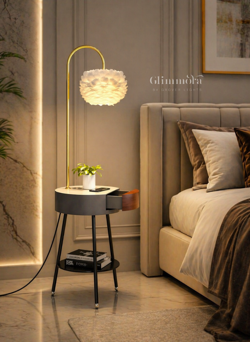 Aura Side Table Floor Lamp Modern Arc Lamp with Storage