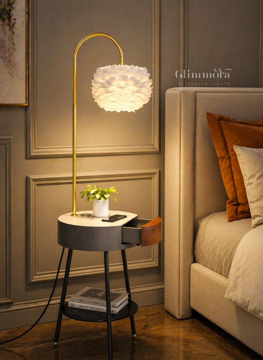 Aura Side Table Floor Lamp Modern Arc Lamp with Storage