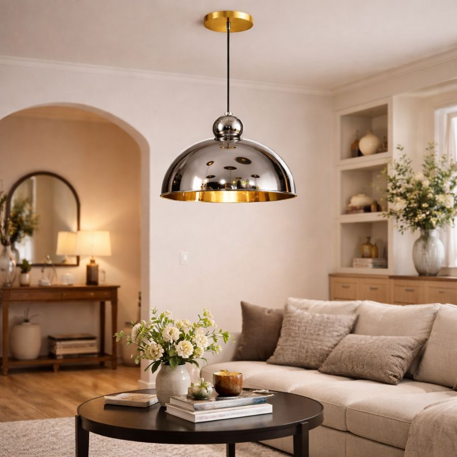 Luxury Chrome Dome Pendant Light with Gold Accent