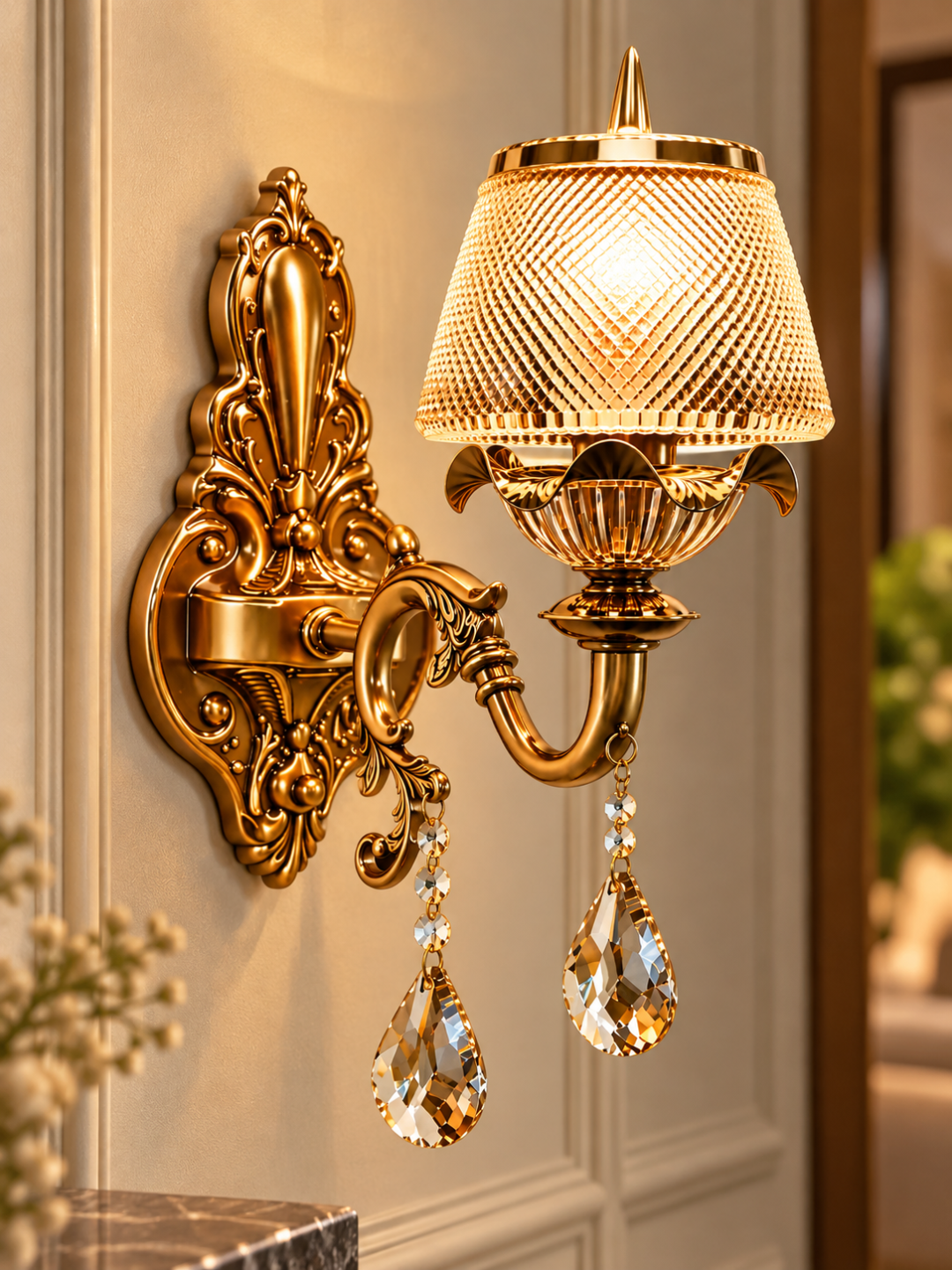 Antique Gold Crystal Wall Sconce with Diamond-Cut Glass Shade & Teardrop Crystals