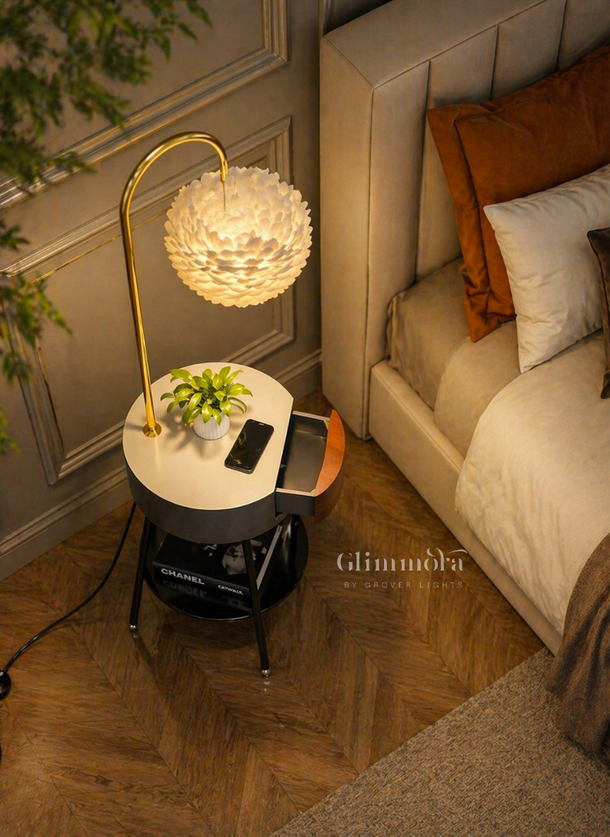 Aura Side Table Floor Lamp Modern Arc Lamp with Storage