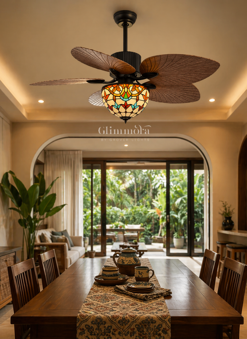 Tiffany Luxe Ceiling Fan Light Decorative Wooden Blade Fan