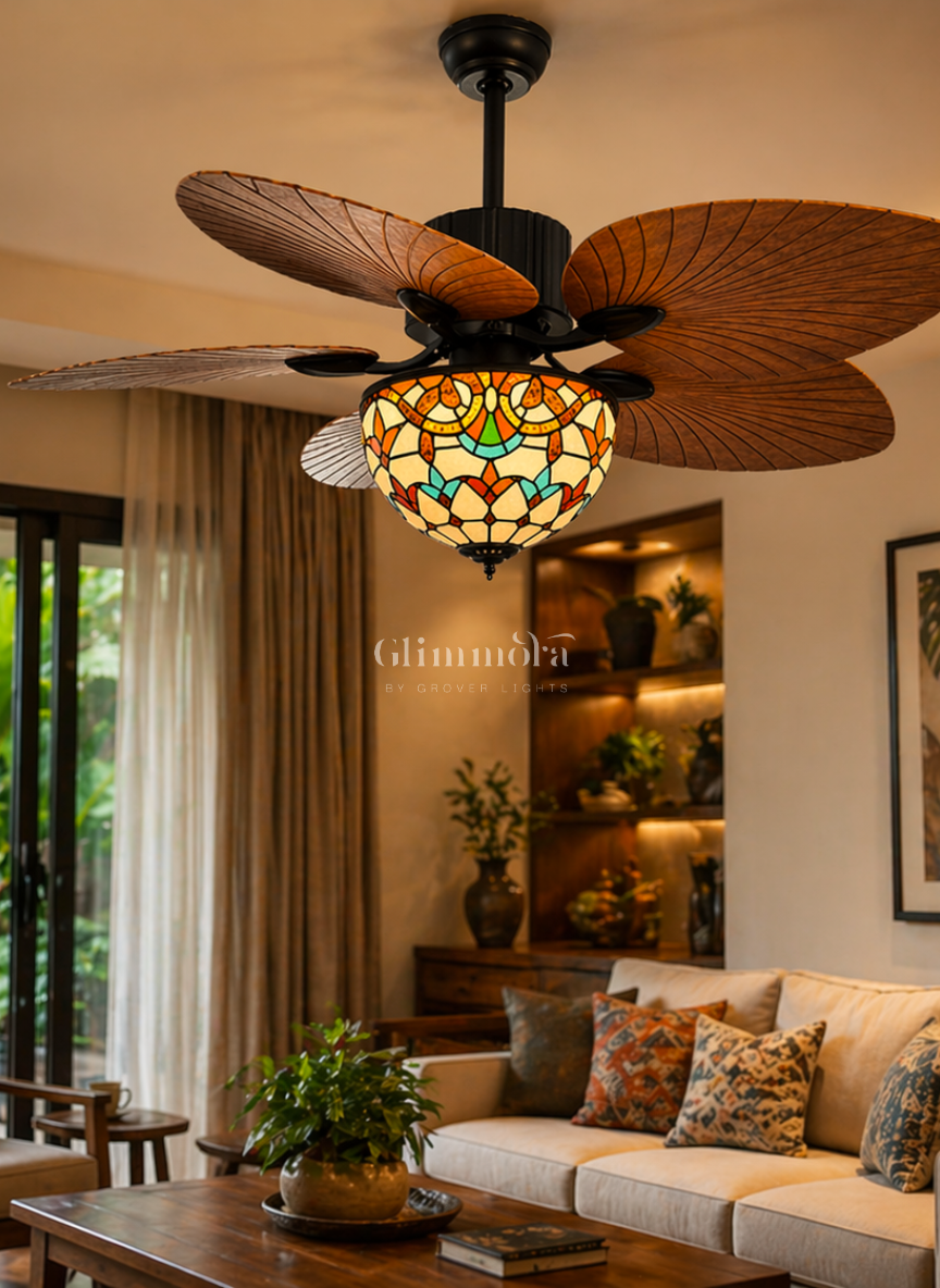 Tiffany Luxe Ceiling Fan Light Decorative Wooden Blade Fan