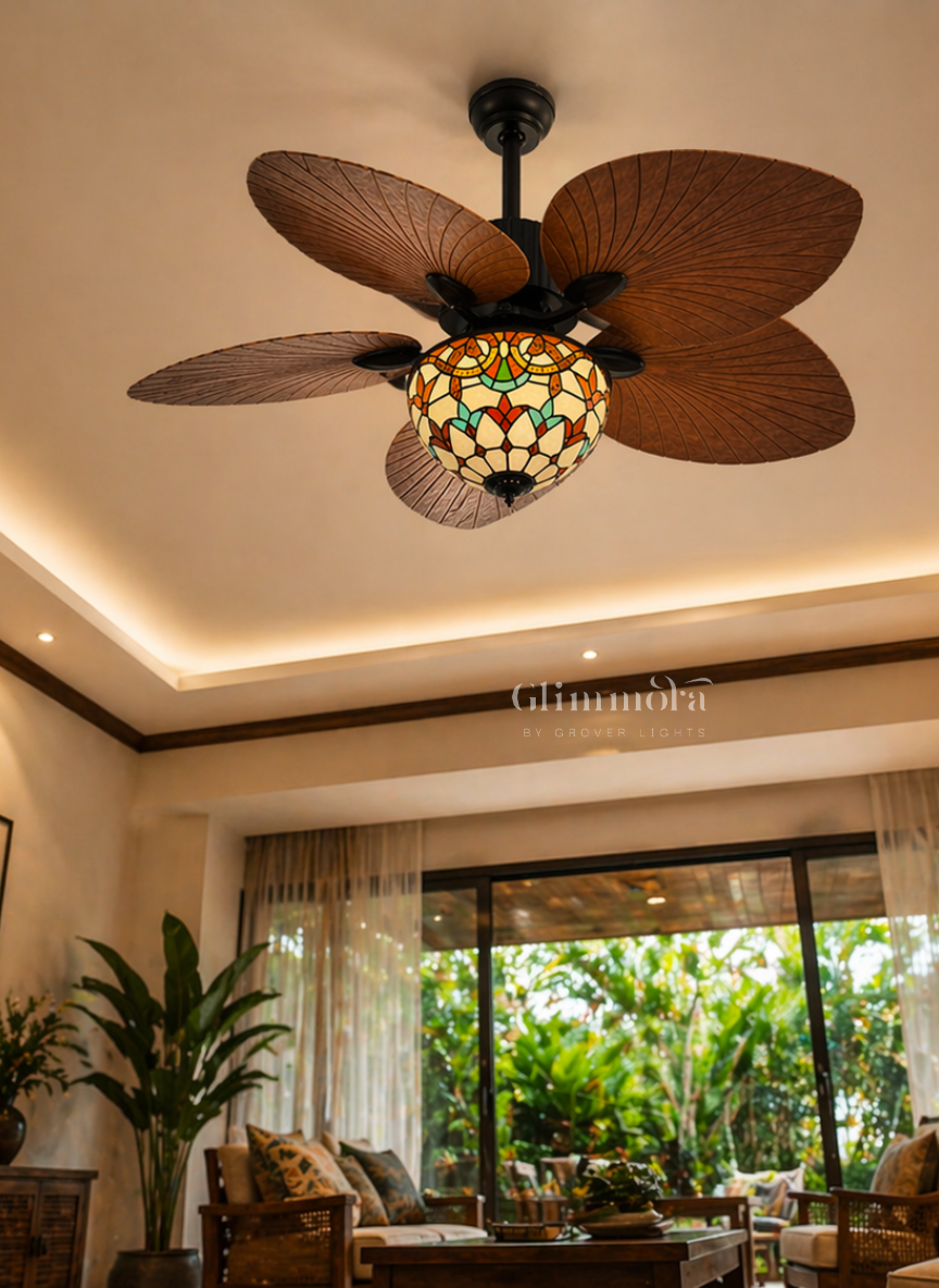 Tiffany Luxe Ceiling Fan Light Decorative Wooden Blade Fan