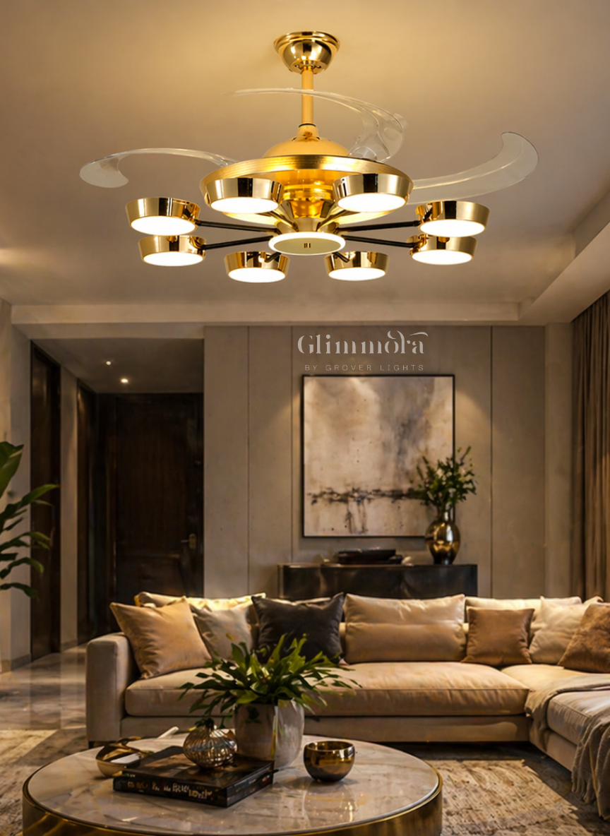AeroGlow Smart Ceiling Fan Light Gold Retractable Blade Chandelier