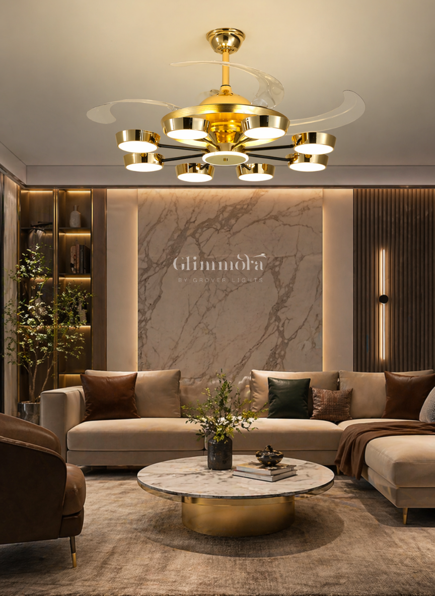 AeroGlow Smart Ceiling Fan Light Gold Retractable Blade Chandelier
