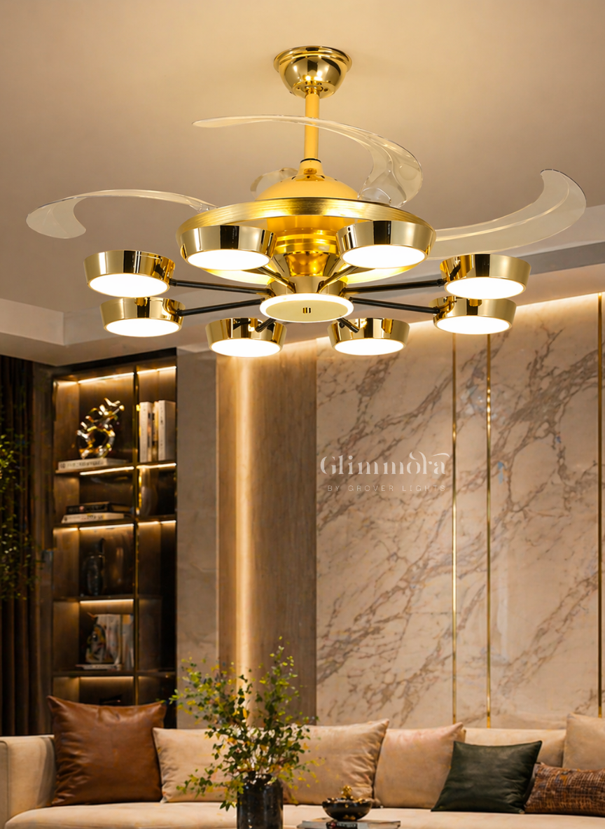 AeroGlow Smart Ceiling Fan Light Gold Retractable Blade Chandelier