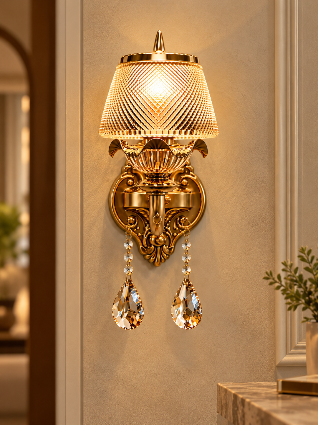 Antique Gold Crystal Wall Sconce with Diamond-Cut Glass Shade & Teardrop Crystals