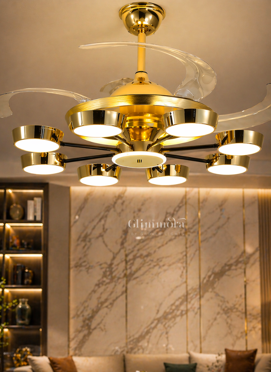 AeroGlow Smart Ceiling Fan Light Gold Retractable Blade Chandelier