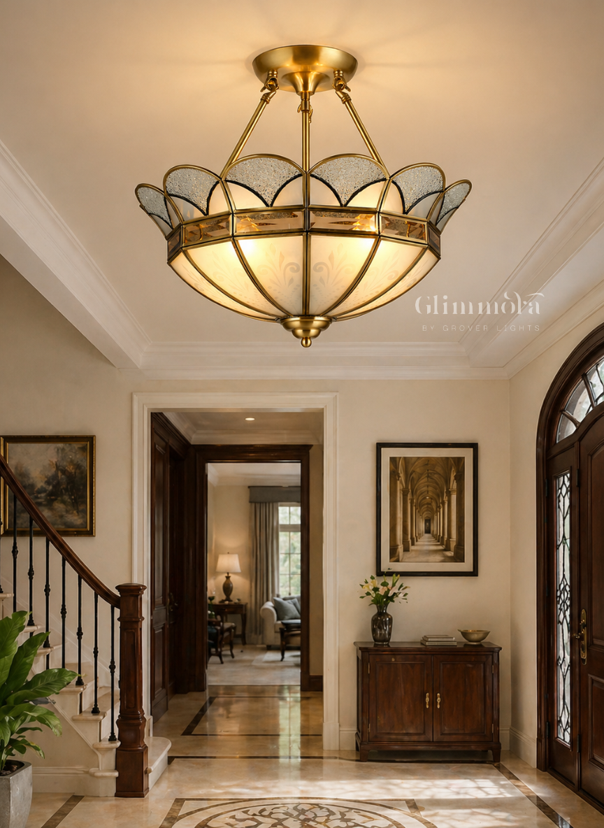 Vintage Brass Semi-Flush Ceiling Chandelier