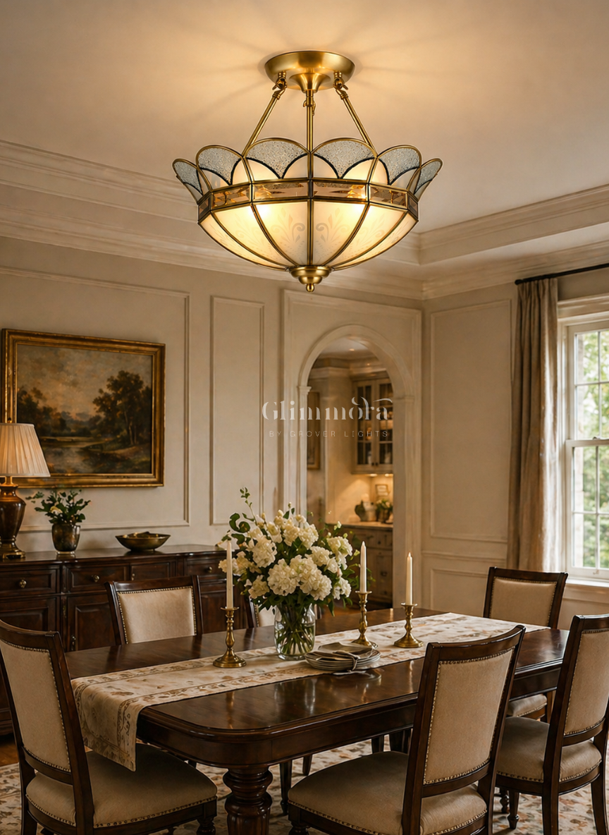 Vintage Brass Semi-Flush Ceiling Chandelier