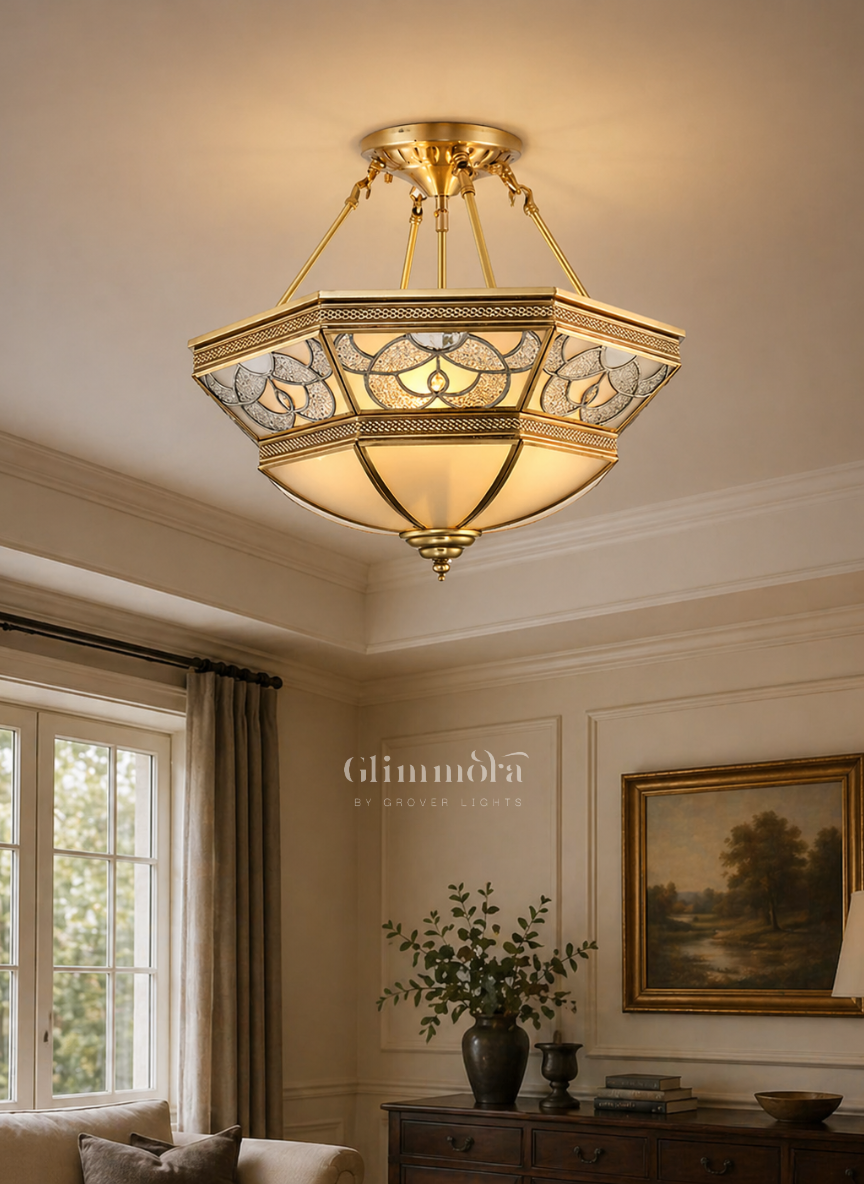 Geometric Brass Semi-Flush Ceiling Chandelier