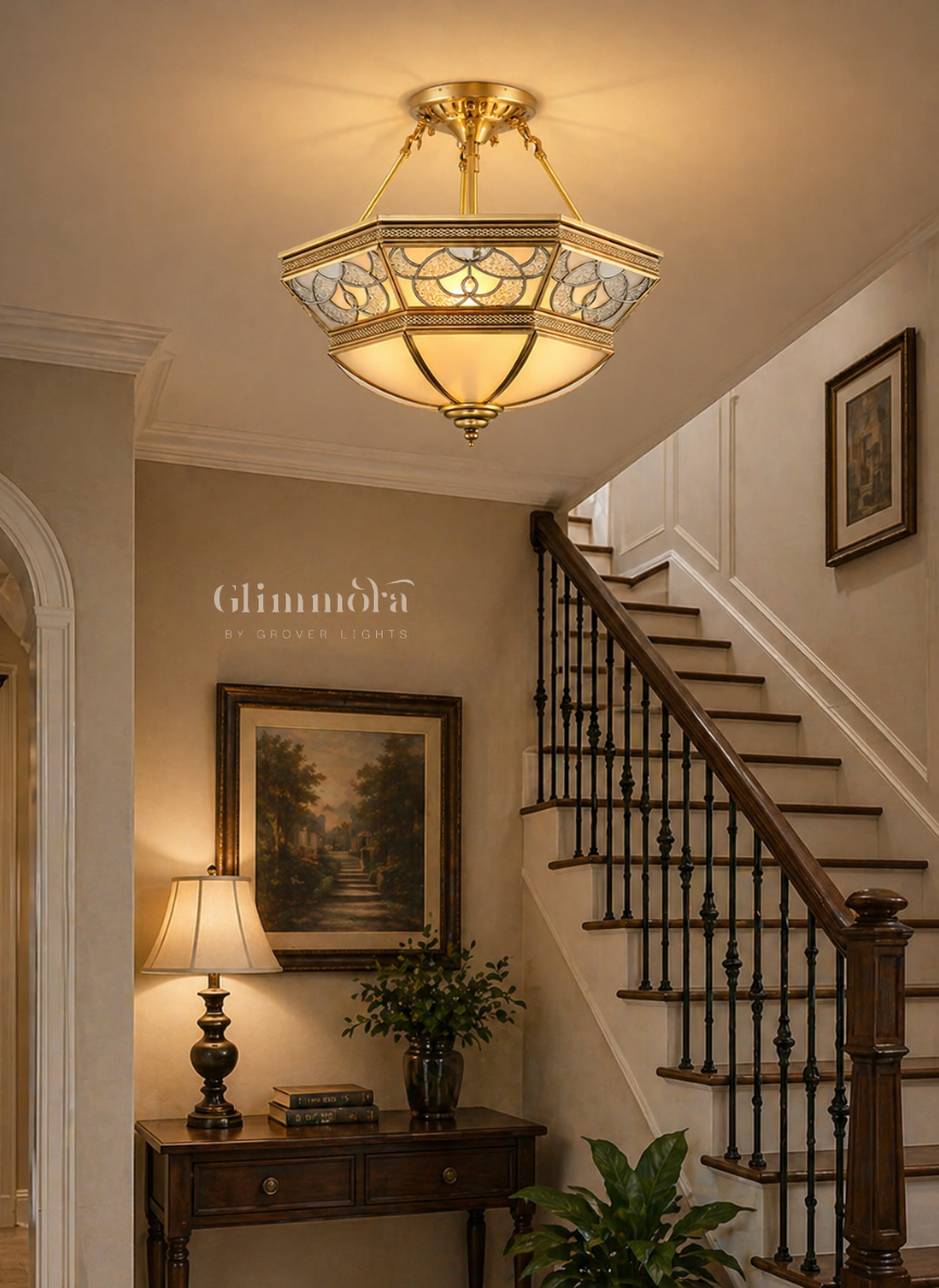 Geometric Brass Semi-Flush Ceiling Chandelier