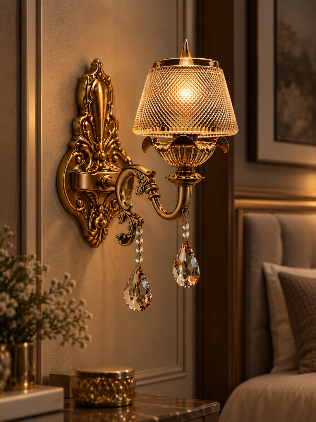Antique Gold Crystal Wall Sconce with Diamond-Cut Glass Shade & Teardrop Crystals