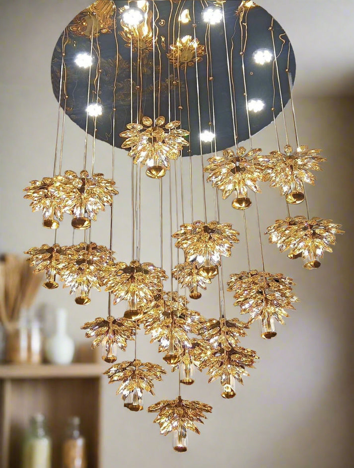 25-Light LED Crystal Flower Double Height Long Stair Chandelier