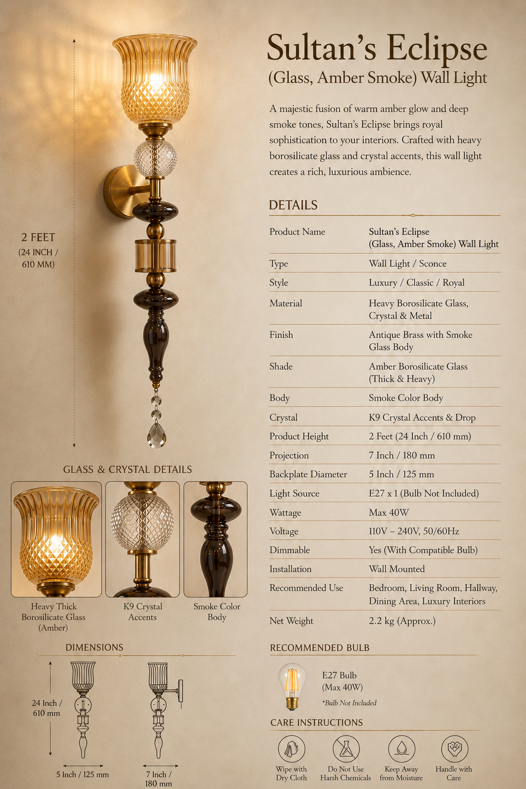 Sultan’s Eclipse (Glass, Amber Smoke) Wall Light