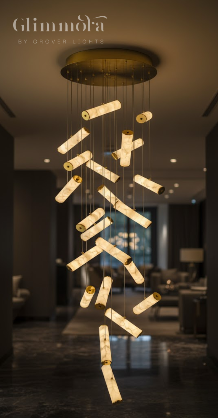 22 Lights Imperial Marble Tube Double Height Stair Chandelier