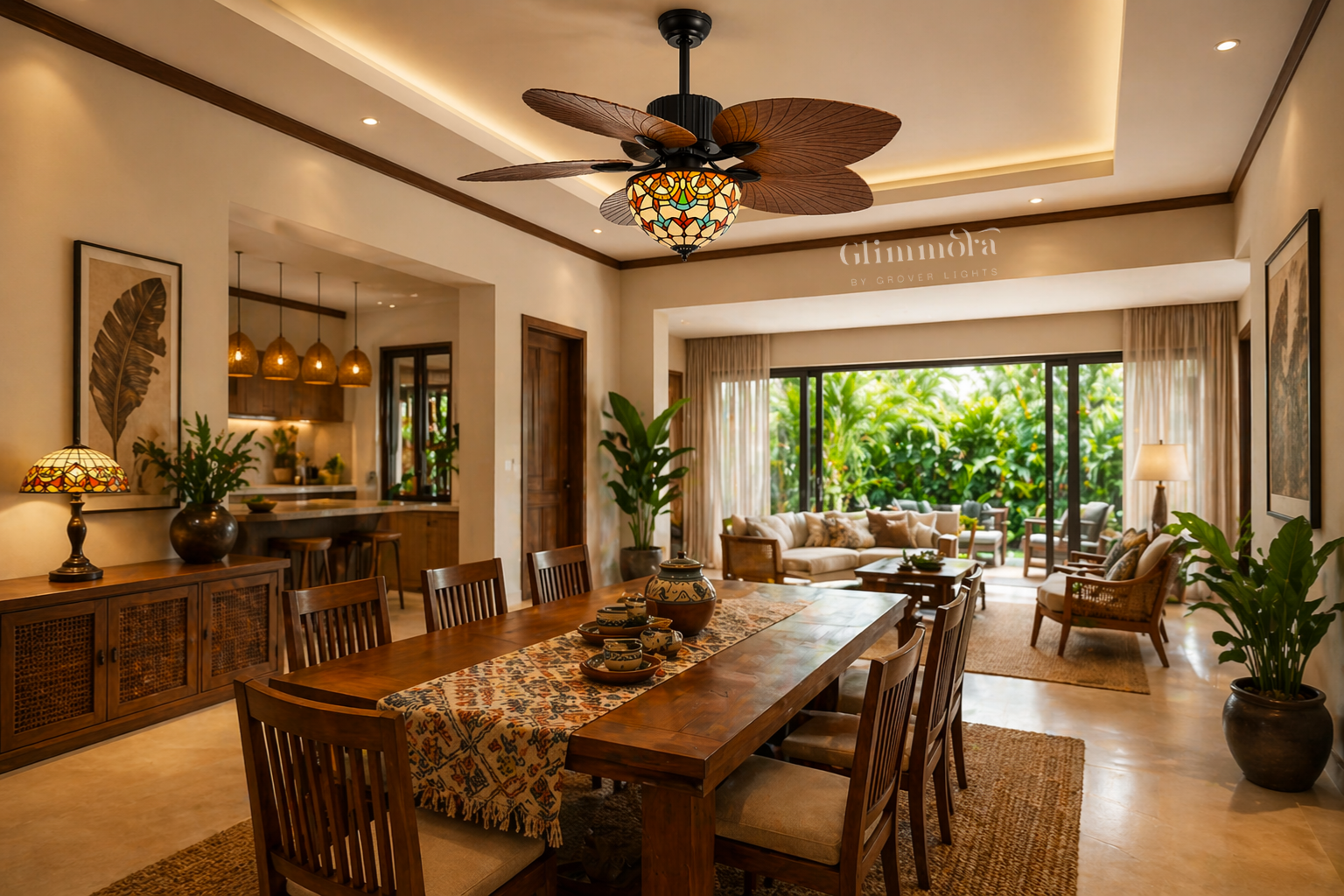 Tiffany Luxe Ceiling Fan Light Decorative Wooden Blade Fan