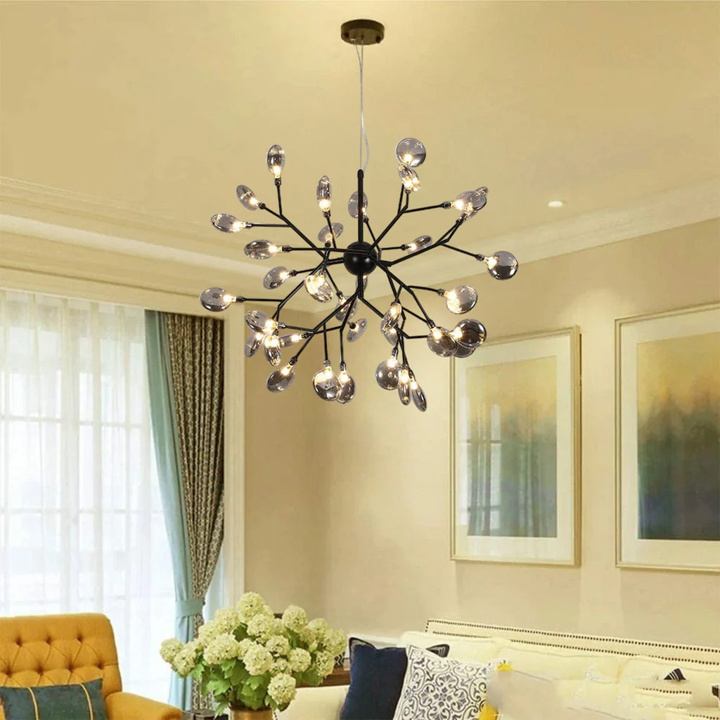 36 Lights Amber/ Smoke Ball Firefly Black Chandelier
