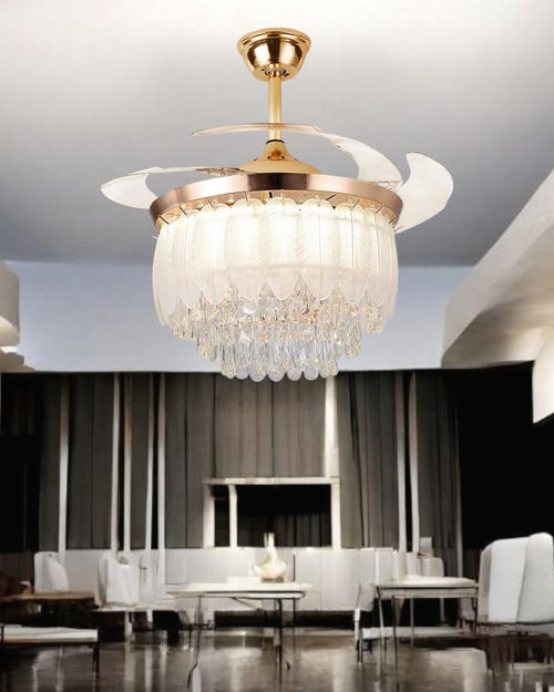 Crystal Leaf Retractable Ceiling Fan + Chandelier Light (with Remote Control)