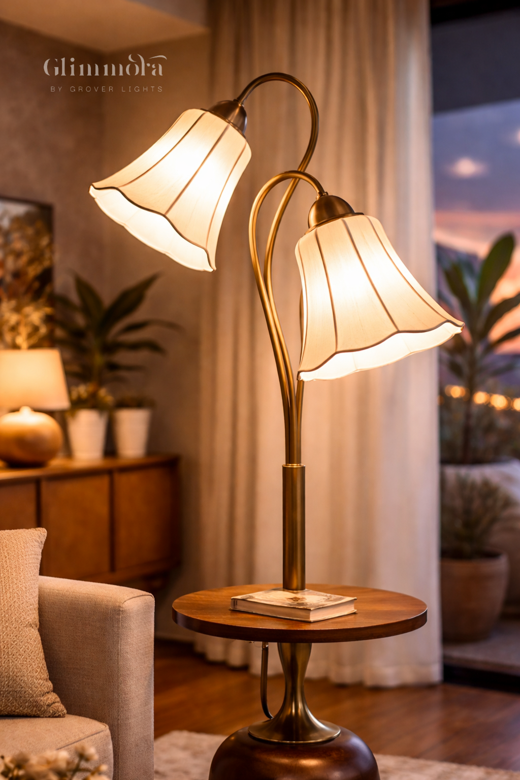 Luxury Dual Shade Floor Lamp with Built-In Side Table (Gold & Wood Finish)