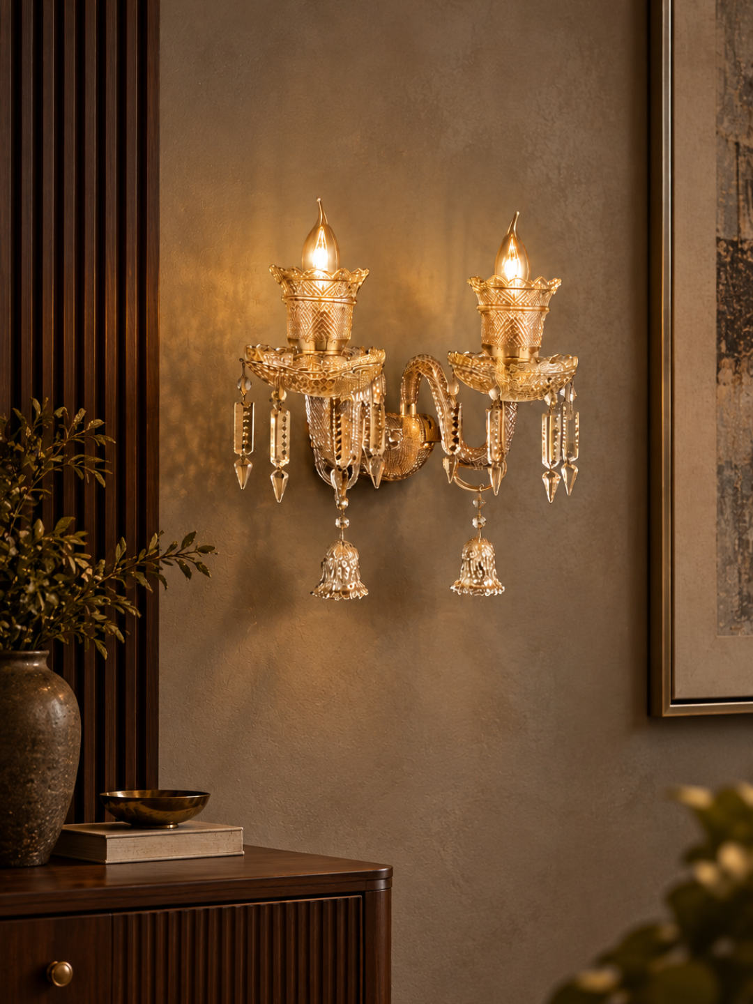 Vintage Amber Crystal 2-Light Wall Sconce with Candle Bulbs & Bell Drops