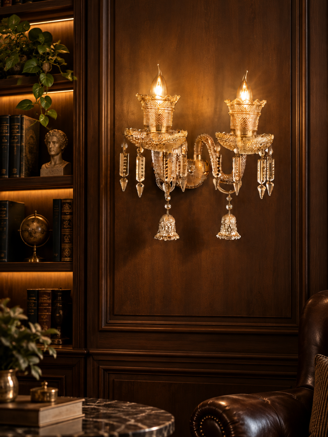 Vintage Amber Crystal 2-Light Wall Sconce with Candle Bulbs & Bell Drops