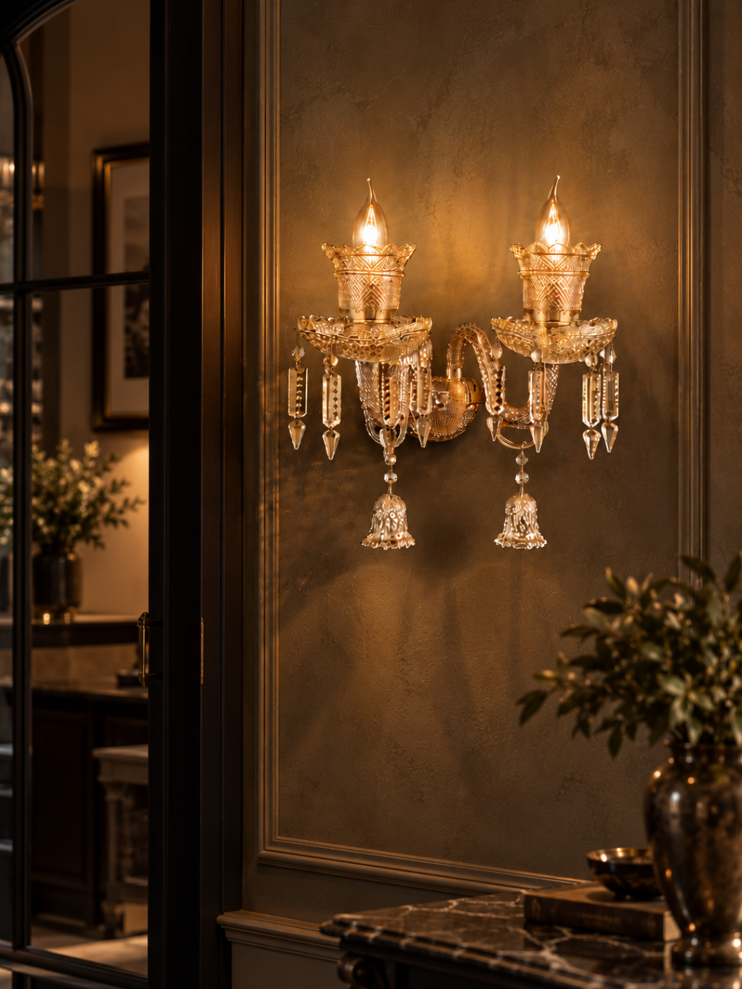 Vintage Amber Crystal 2-Light Wall Sconce with Candle Bulbs & Bell Drops