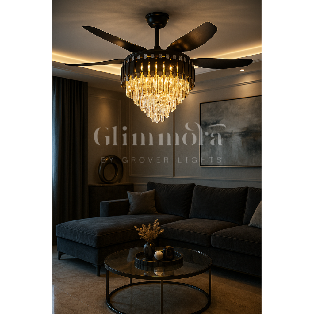 Crystal Ceiling Fan Black Gold Chandelier
