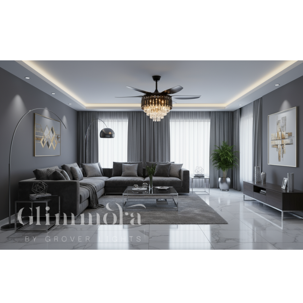 Crystal Ceiling Fan Black Gold Chandelier