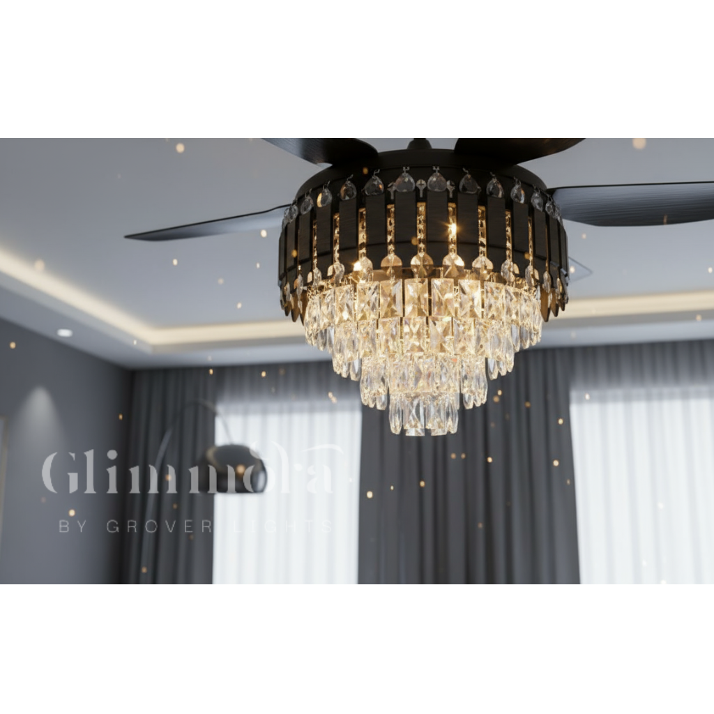 Crystal Ceiling Fan Black Gold Chandelier