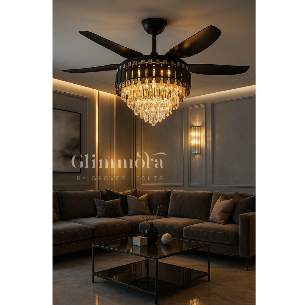 Crystal Ceiling Fan Black Gold Chandelier