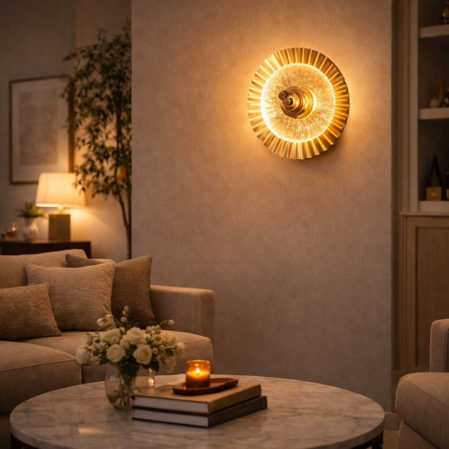 Luxury Gold Sunburst LED Wall Light for Living Room & Bedroom