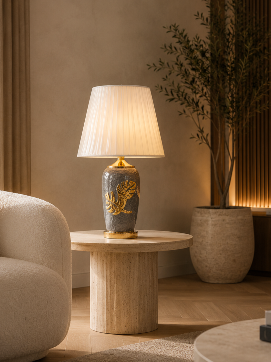 Designer Leaf Pattern Table Lamp with Fabric Shade – Bedroom & Living Room Decor Lamp