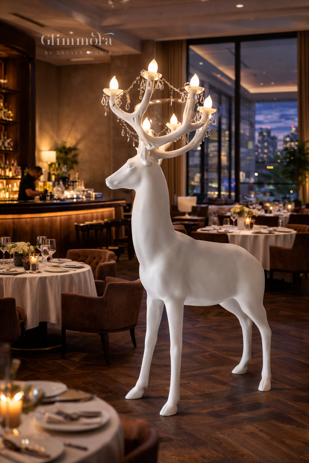 Majestic Deer Sculpture Floor Lamp with Antler Chandelier Lighting