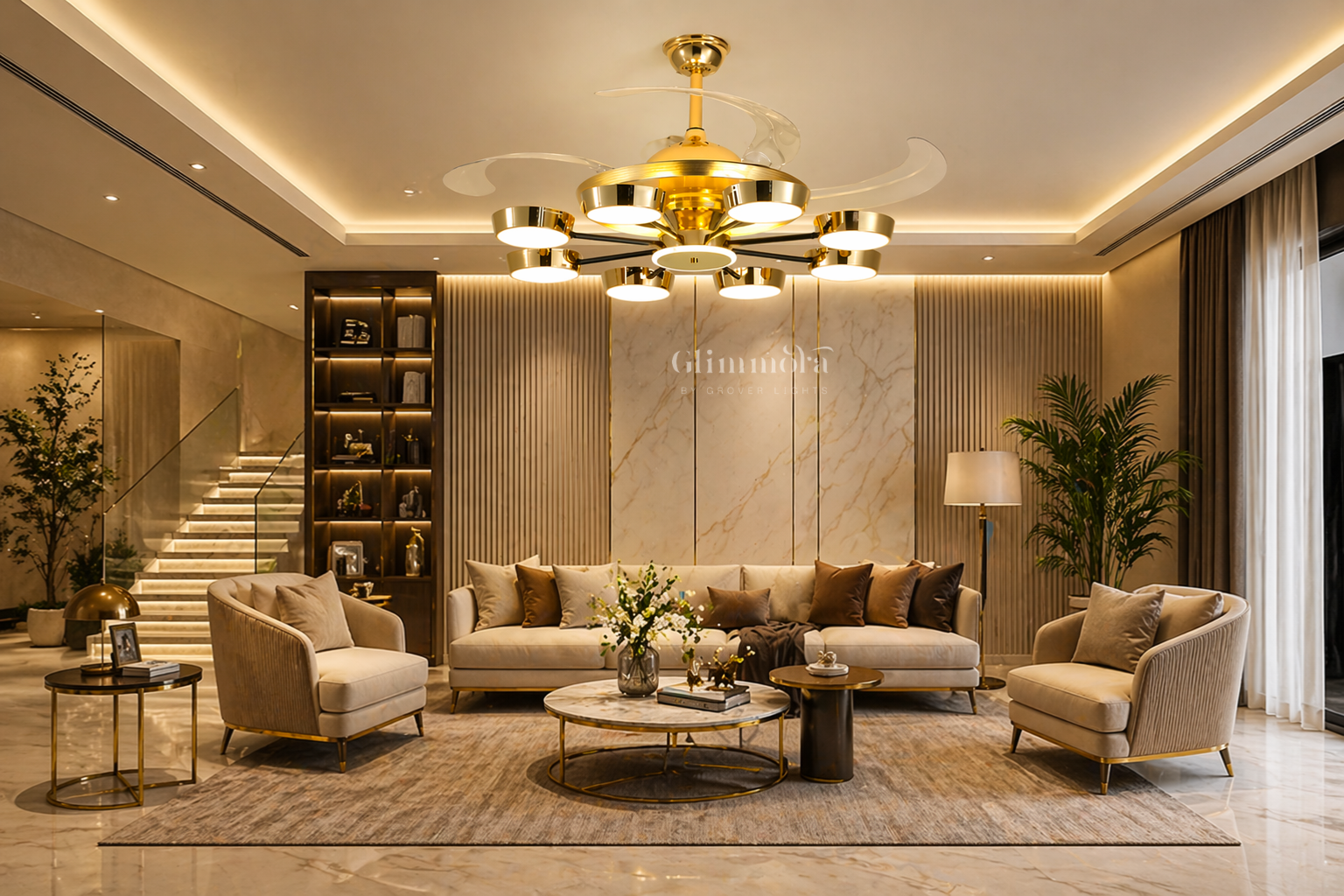 AeroGlow Smart Ceiling Fan Light Gold Retractable Blade Chandelier