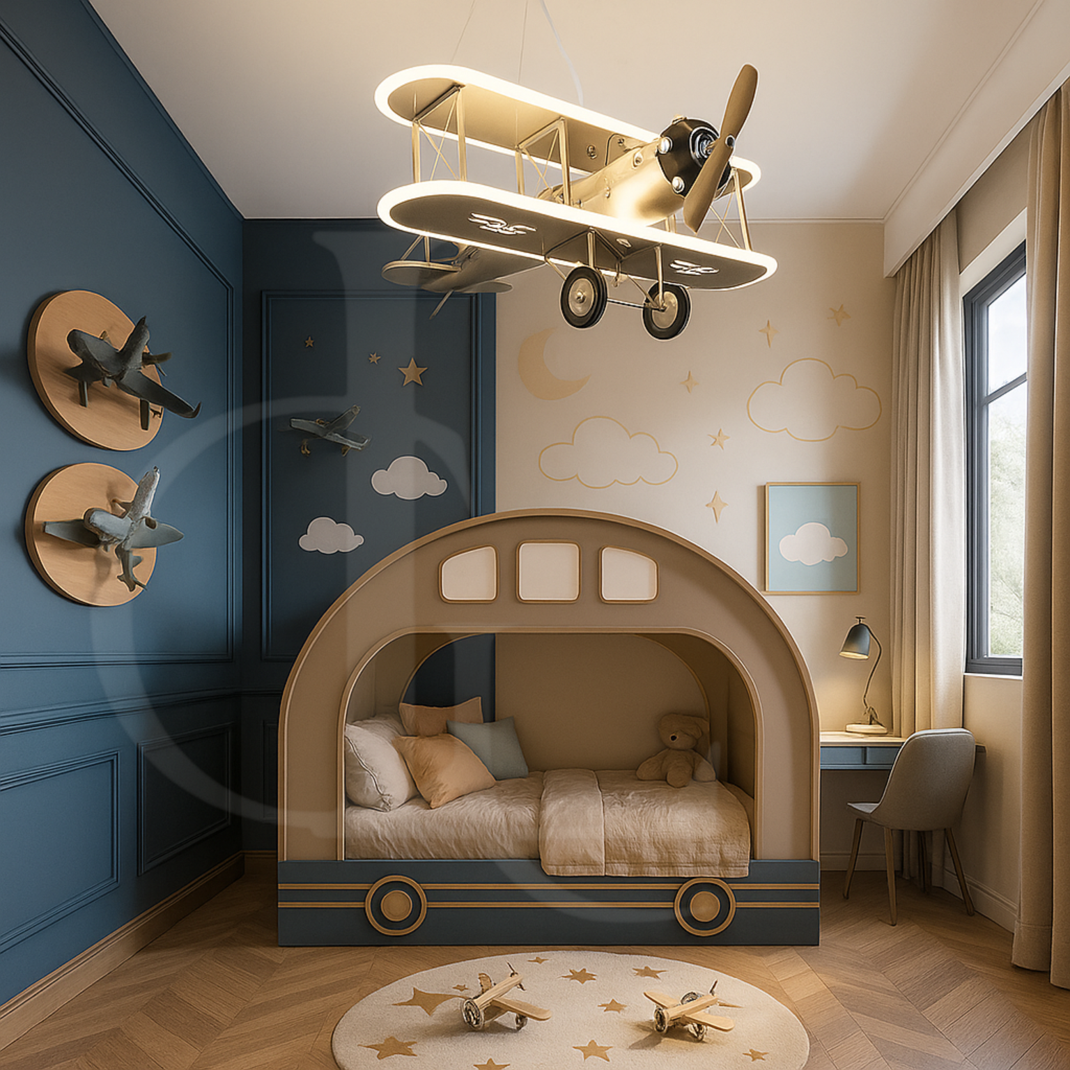 Airplane Modern Art Deco Cartoon Biplane LED Suspended Light Chandelier Fan For Boys Bedroom Children's Room