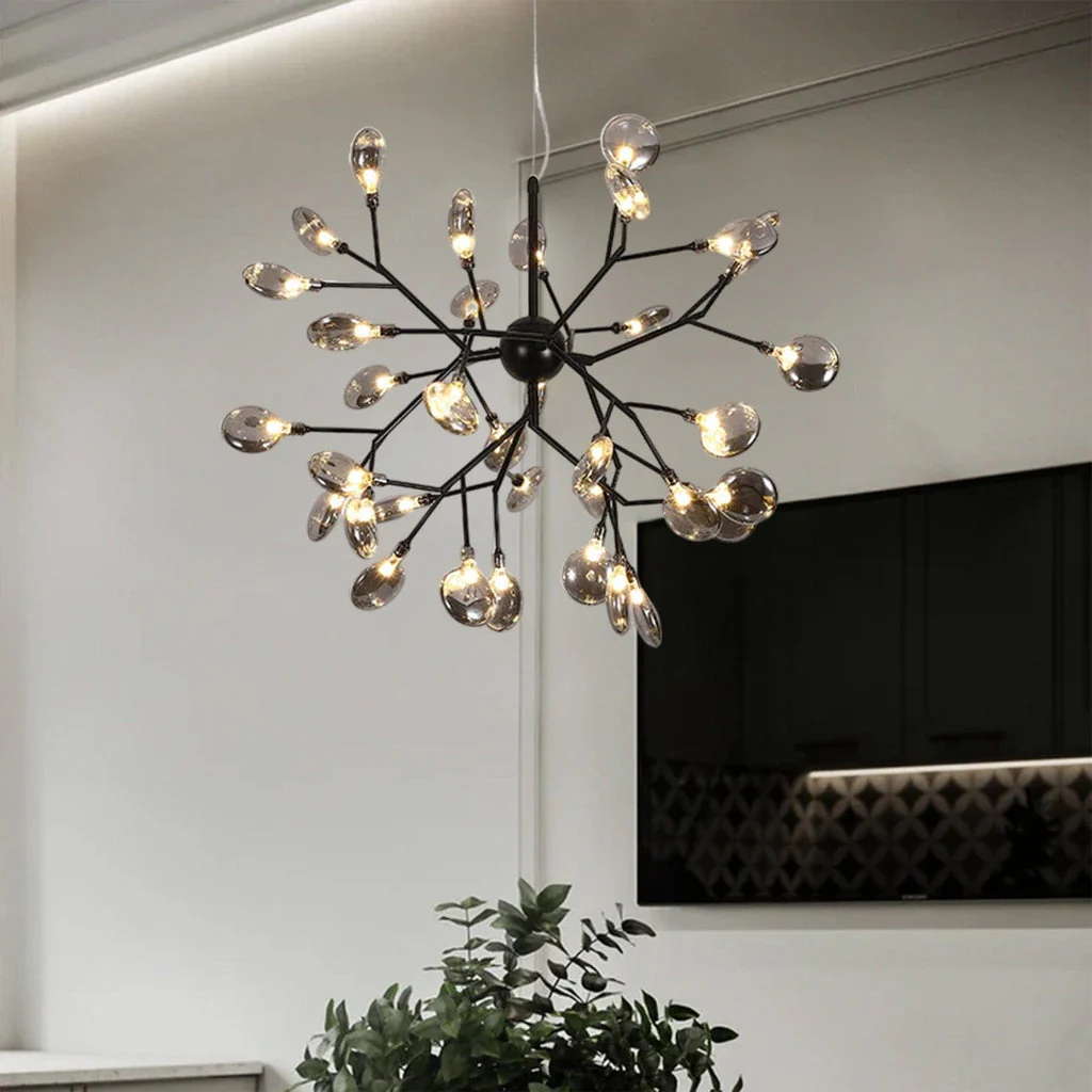 36 Lights Amber/ Smoke Ball Firefly Black Chandelier