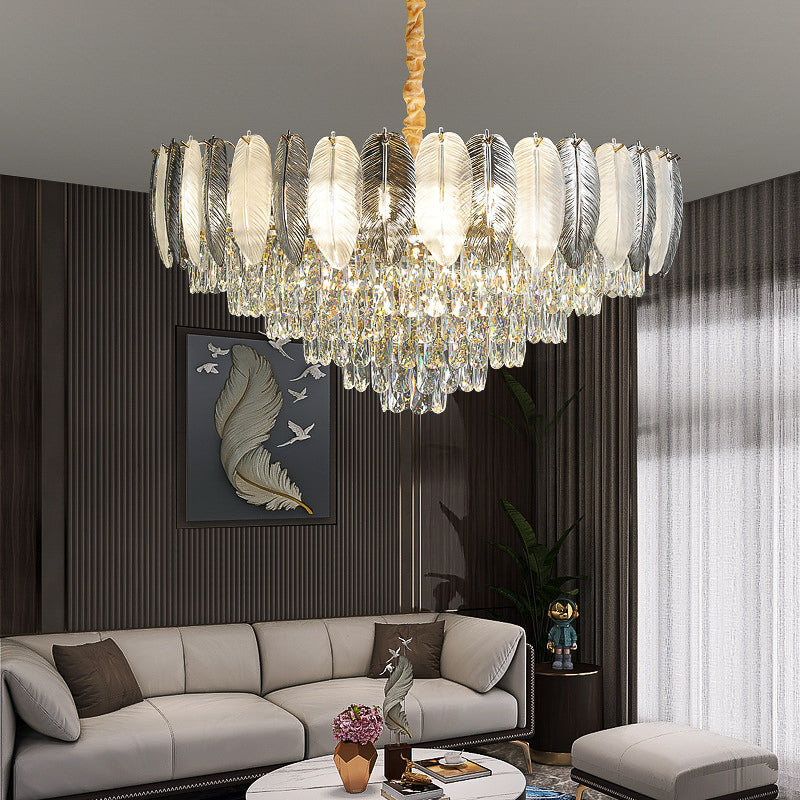 Feather Glint: Glass Crystal Gold Chandelier