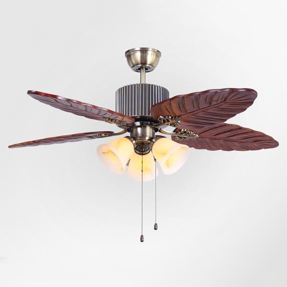 Havana Breeze (48 inches Span, Dark Brown Leaf-Shaped Blades, Frosted Glass Chandelier) Ceiling Fan