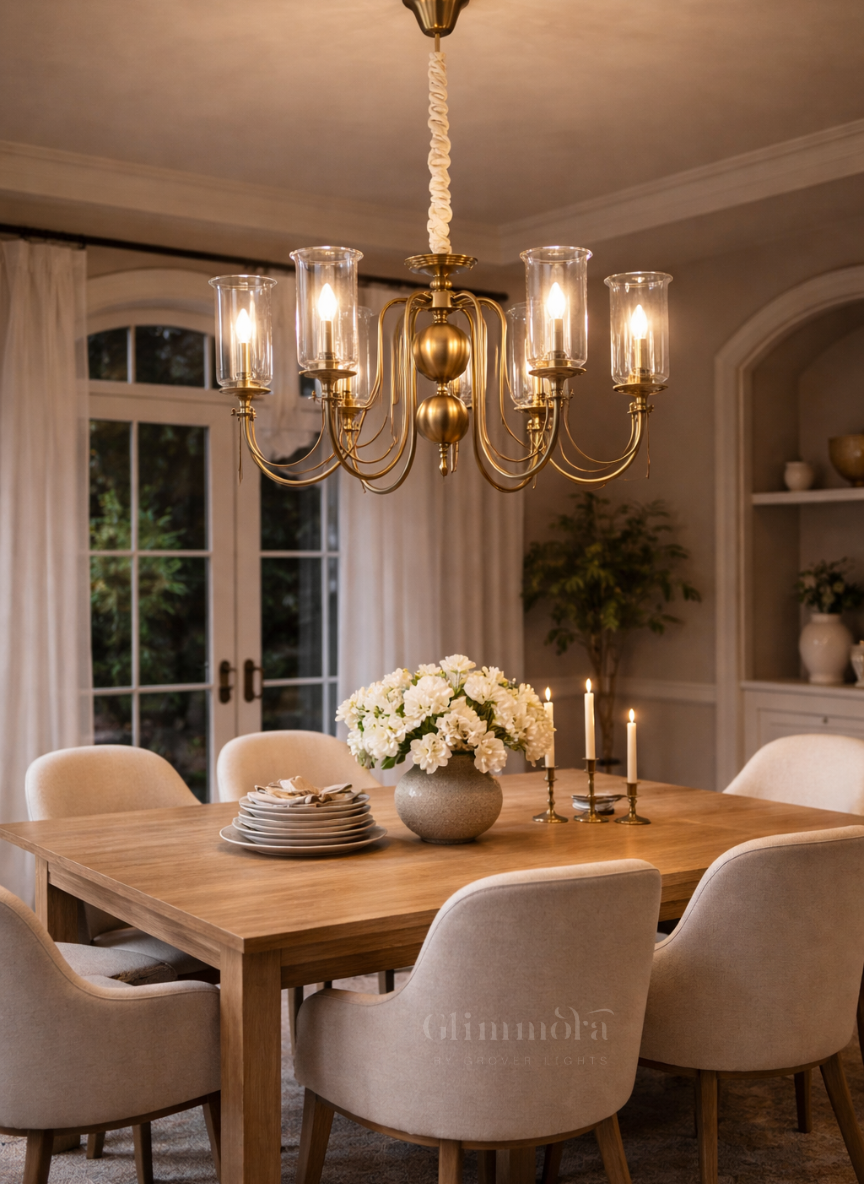 Classic Brass Candle-Style Chandelier with Glass Shades - 6 Lights