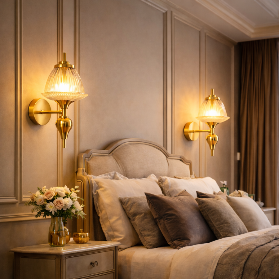 Luxury Gold Ribbed Glass Wall Light for Living Room & Bedroom
