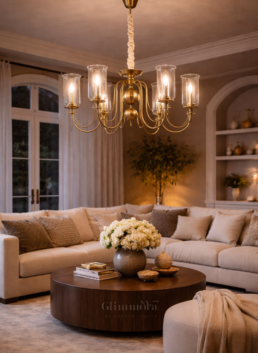 Classic Brass Candle-Style Chandelier with Glass Shades - 6 Lights