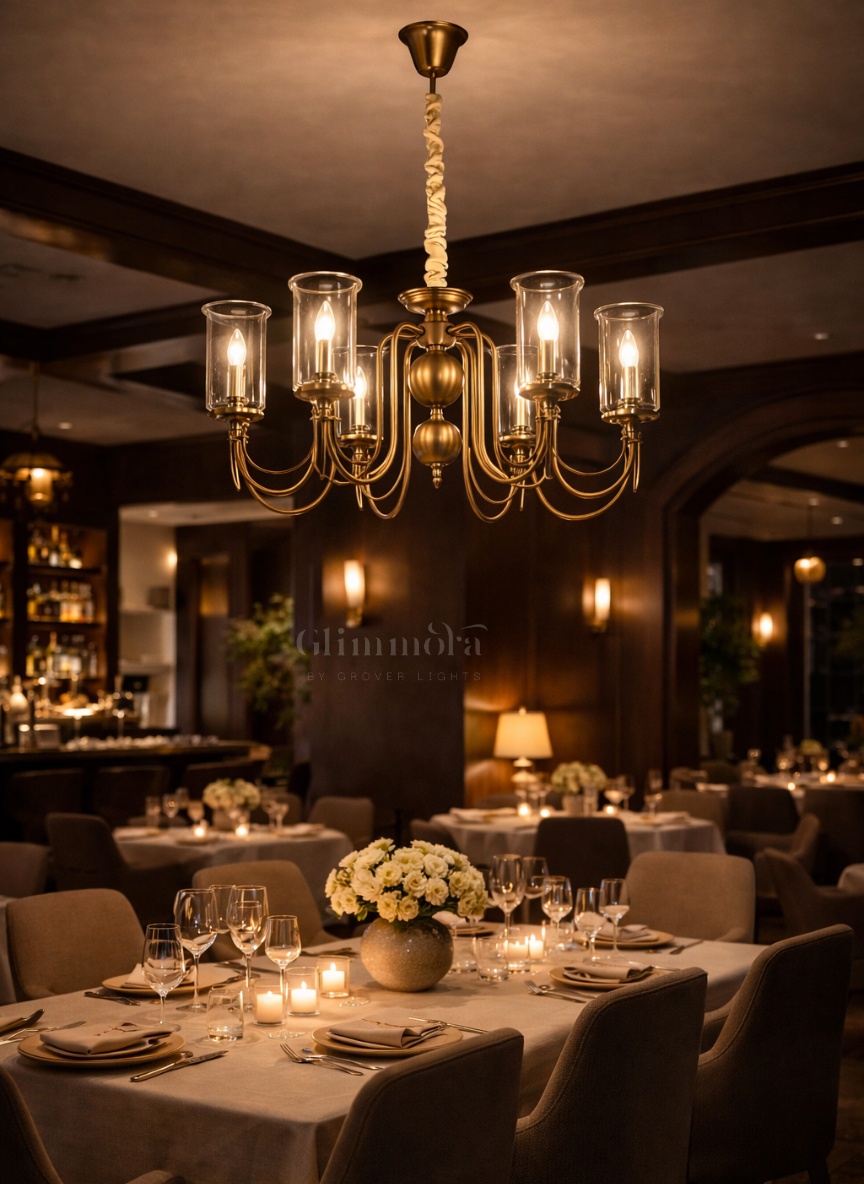 Classic Brass Candle-Style Chandelier with Glass Shades - 6 Lights